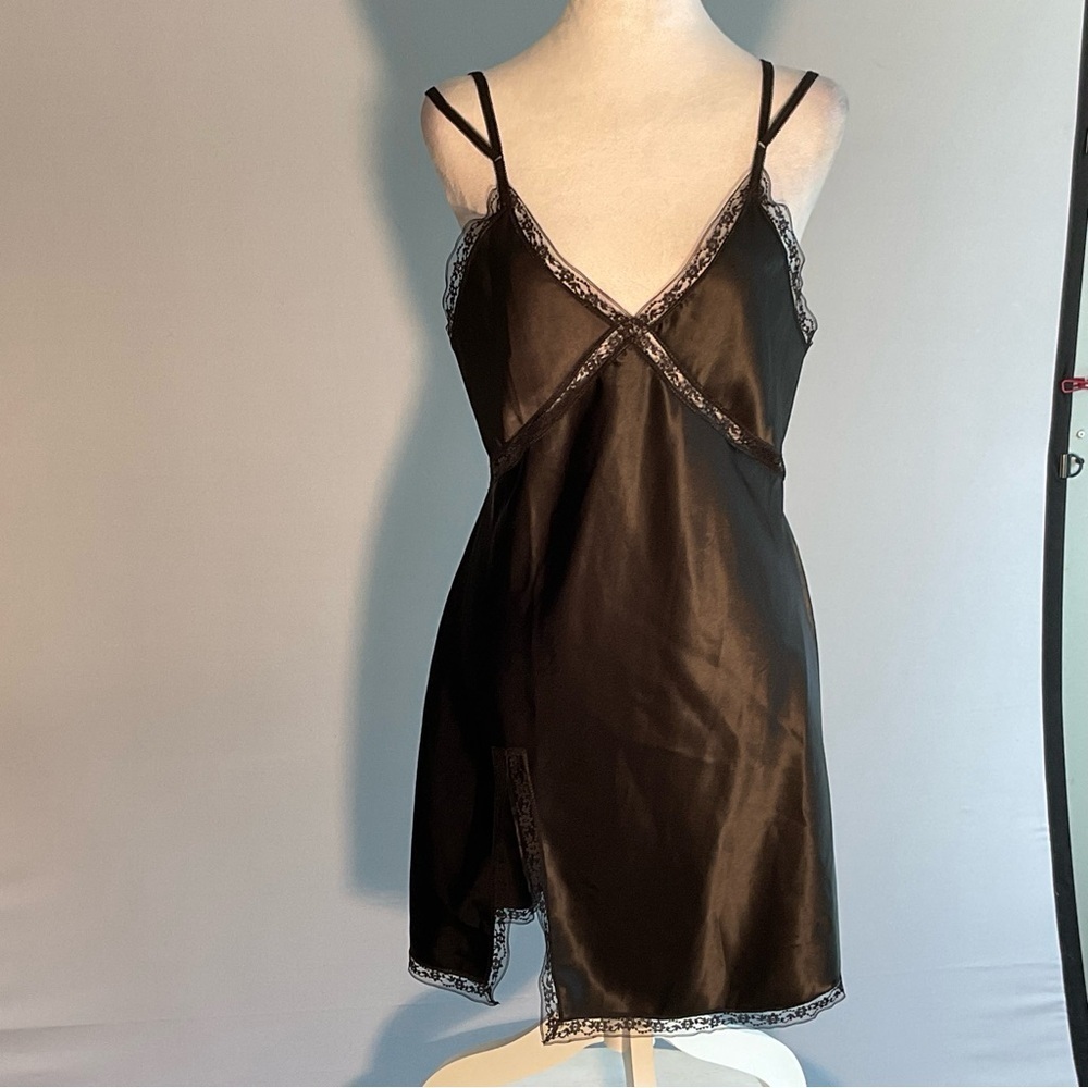 Sexy Shop Michella Small Black Satin Slip Dress Lace Slit Accents Elastic Straps